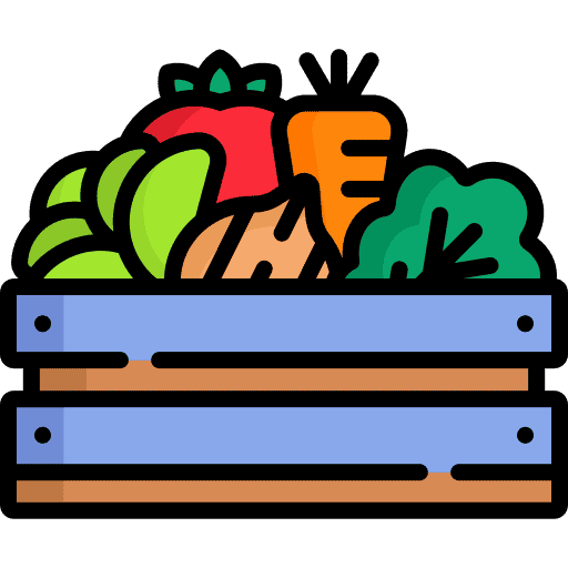 Eine Illustration einer Holzkiste, die mit verschiedenen Gemüsesorten gefüllt ist, darunter Karotten, Tomaten und Blattgemüse.