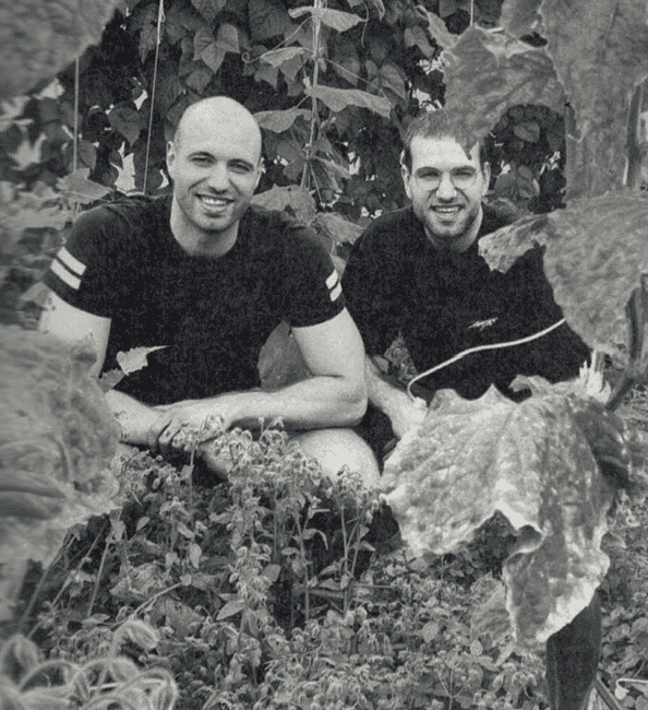 Marco und Maik Möller hocken im Folientunnel zwischen  bio-veganem Gemüse. Vor Ihnen steht ein Schild mit dem Logo von Möllers Morgen.