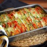 Eine geflochtene Metallform mit Gemüsegratin, das abwechselnd Scheiben von Zucchini, Tomaten und Fenchel enthält. Das Gratin ist mit einer goldbraunen Käsekruste überbacken und wirkt knusprig und saftig. Die Form steht auf einem geflochtenen Untersetzer, der mit einem bunten Stofftuch dekoriert ist.