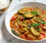 Eine weiße Schüssel mit Tomaten-Zucchini-Curry, das in einer würzigen, roten Sauce serviert wird. Das Gericht enthält Zucchinistücke, Tomaten und Gewürze, garniert mit frischen Kräutern. Dazu gibt es eine Portion Basmatireis und ein Stück Fladenbrot. Das Curry wirkt aromatisch und einladend.