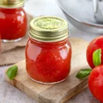 Das Bild zeigt mehrere Gläser mit selbstgemachter **Tomatenpassata**, die auf einem Holzbrettchen stehen. Daneben liegen frische, glänzende Tomaten und einige Basilikumblätter. Die Gläser sind verschlossen und wirken frisch zubereitet, ideal zum Konservieren oder für die spätere Verwendung in der Küche. Die Szene vermittelt den Eindruck von hausgemachter, nachhaltiger Lebensmittelverarbeitung.