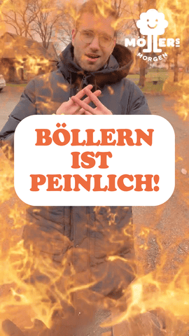 Person steht inmitten von Flammen und hält die Hände hoch, während im Hintergrund das Logo von Möllers Morgen zu sehen ist, Textüberlagerung lautet Böllern ist peinlich!