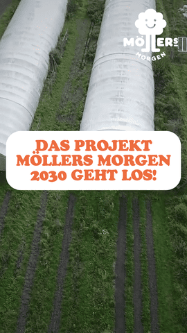 Luftaufnahme der Folientunnel von Möllers Morgen mit dem Text: "Das Projekt Möllers Morgen 2030 geht los!".
