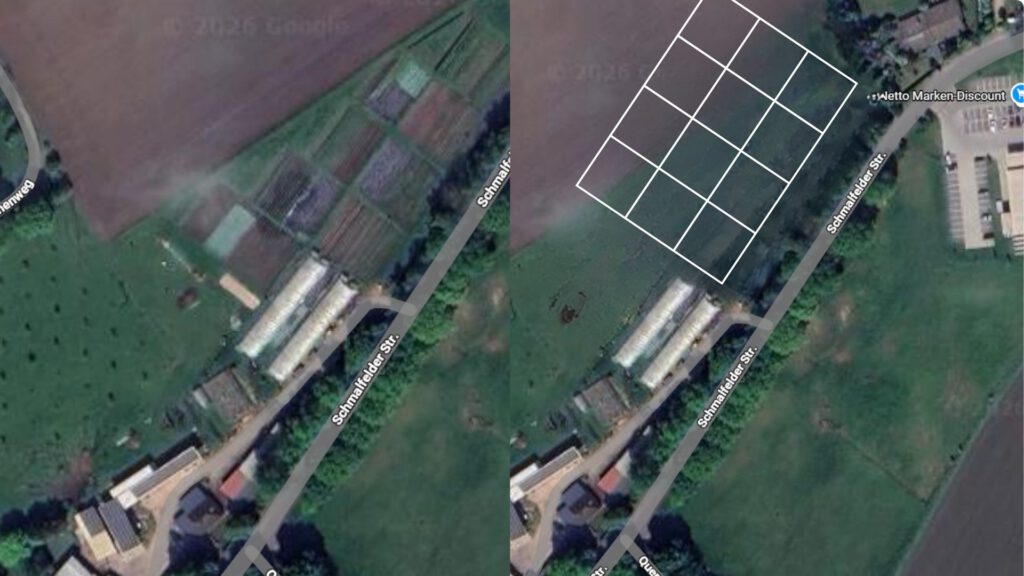 Luftaufnahme des Geländes von Möllers Morgen an der Schmalfelder Straße. Links: Aktuelle Situation mit Gewächshäusern und Gebäuden. Rechts: Visualisierung eines geplanten Neubaus mit mehreren Gebäuden auf dem markierten Grundstück.