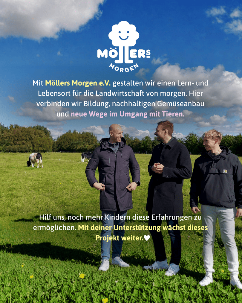 Drei lachende Männer stehen in Freizeitkleidung (Jacken, Hosen, Sneaker) auf einer grünen Weide mit gelben Blumen. Sie blicken sich an und unterhalten sich. Im Hintergrund sind grasende Kühe und Bäume unter blauem Himmel mit weißen Wolken zu sehen. Oben das Logo des Möllers Morgen e.V.