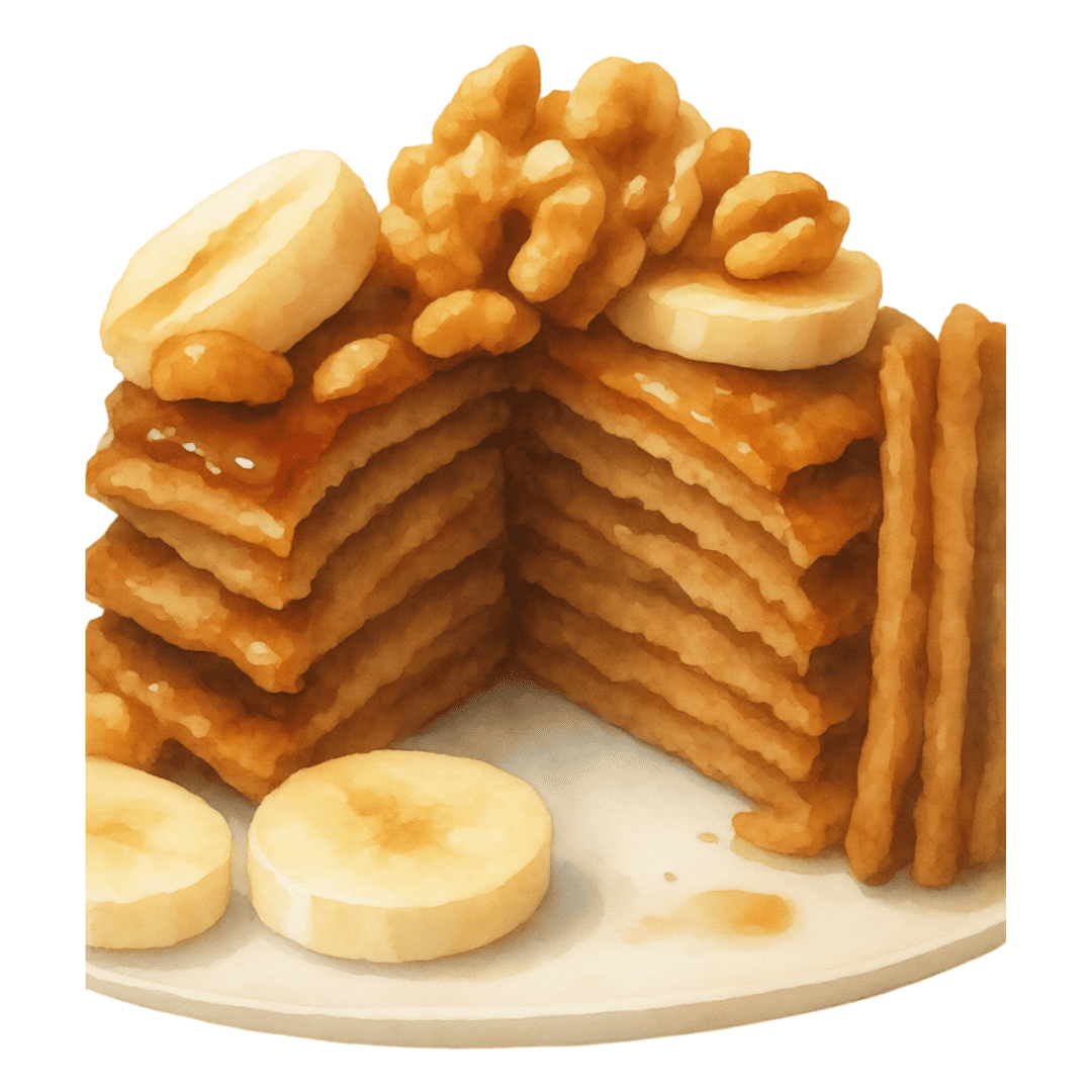 Eine digitale Illustration im Aquarellstil zeigt ein angeschnittenes Dessert auf einem hellen Teller vor weißem Hintergrund. Es handelt sich um einen kleinen, geschichteten Kuchen oder einen Stapel Crêpes, der mit glänzendem Sirup überzogen ist. Obenauf liegen Walnusskerne und Bananenscheiben. Zwei weitere Bananenscheiben liegen dekorativ auf dem Teller im Vordergrund, während an der rechten Seite des Kuchens einige längliche Kekse aufgereiht sind.